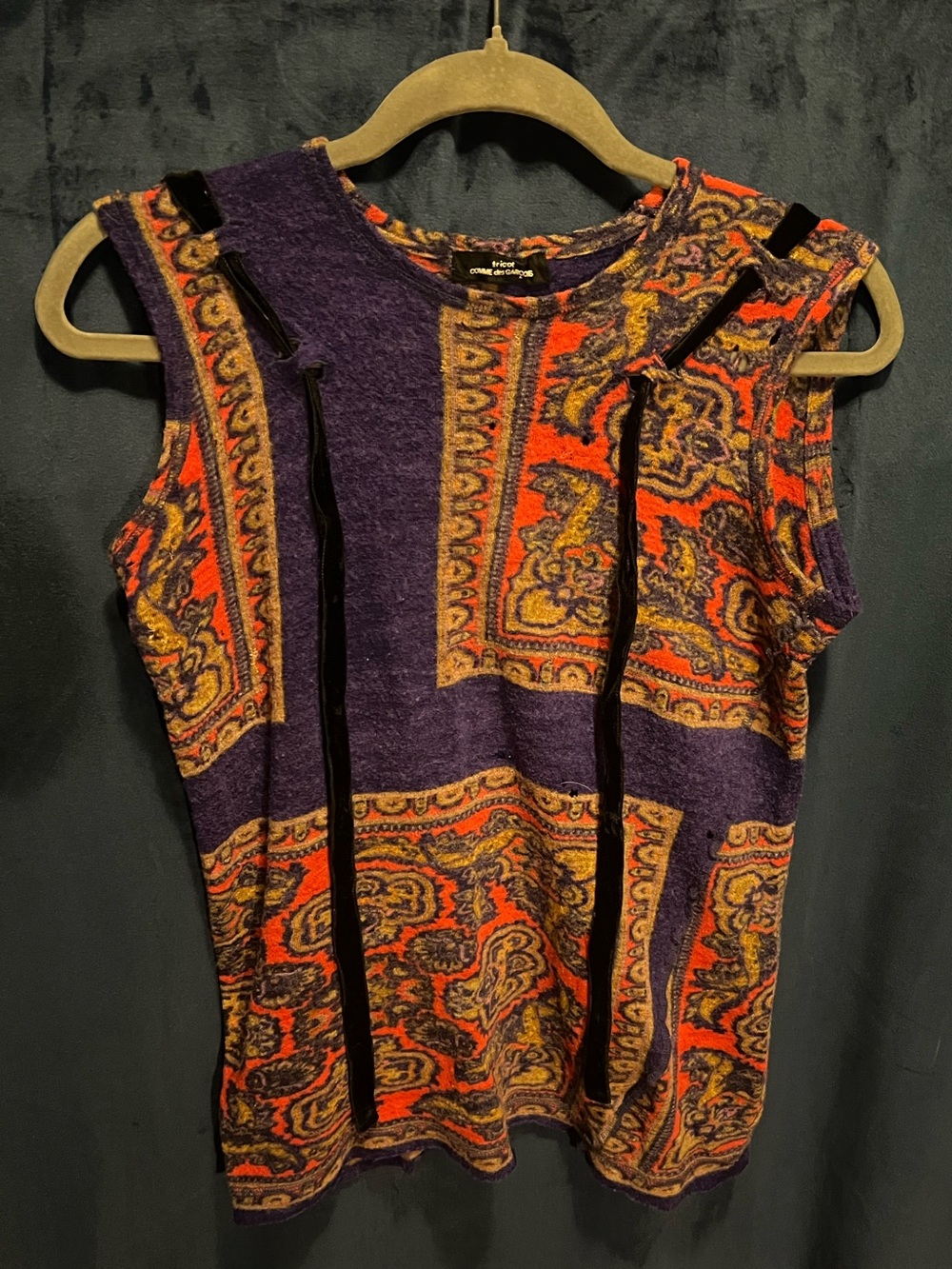 Commes des Garçon Paisley Sleeveless Tank in Purple and Orange w/ Velvet Stripes